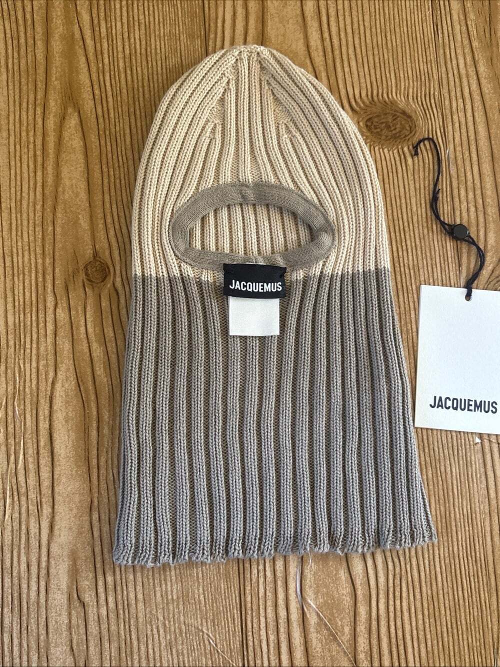 Jacquemus Beige Two Tone Balaclava Le Bonnet Cable Knit Cap Hat 100% Cotton - Picture 11 of 12